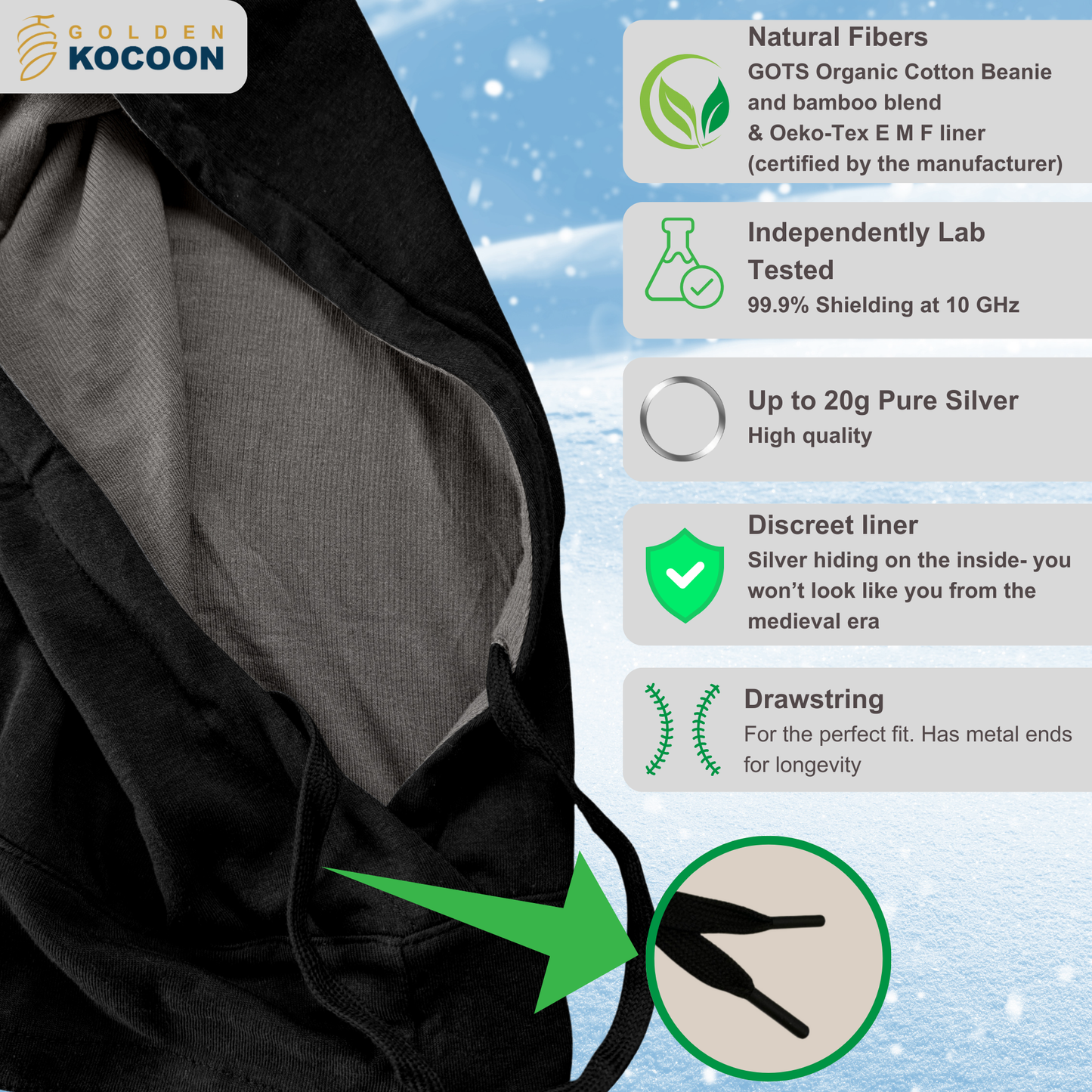 EMF Protection Hood in Black, using a EMF Bamboo Fabric. Use for 5g Protection, Anti Radiation