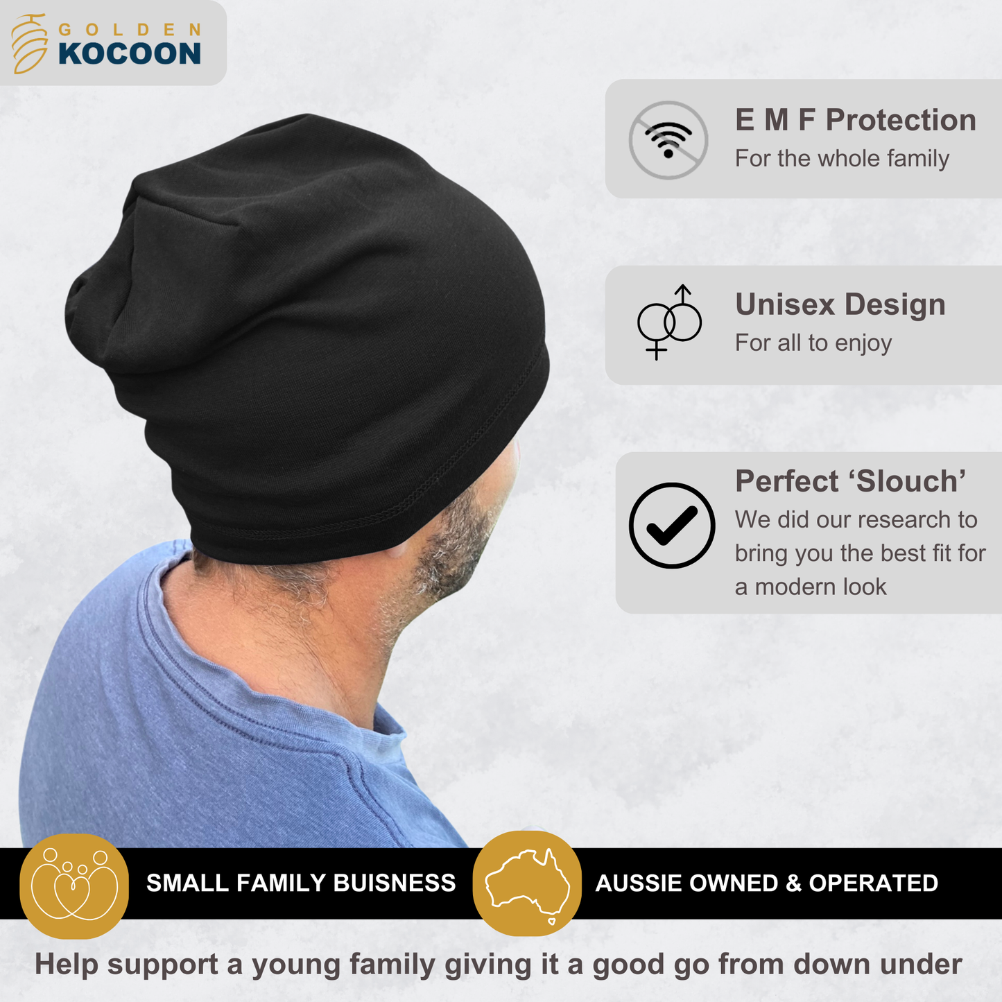EMF Protection Slouch Beanie, made from Organic Cotton & Bamboo, in Black. Use for 5g Protection, Anti Radiation