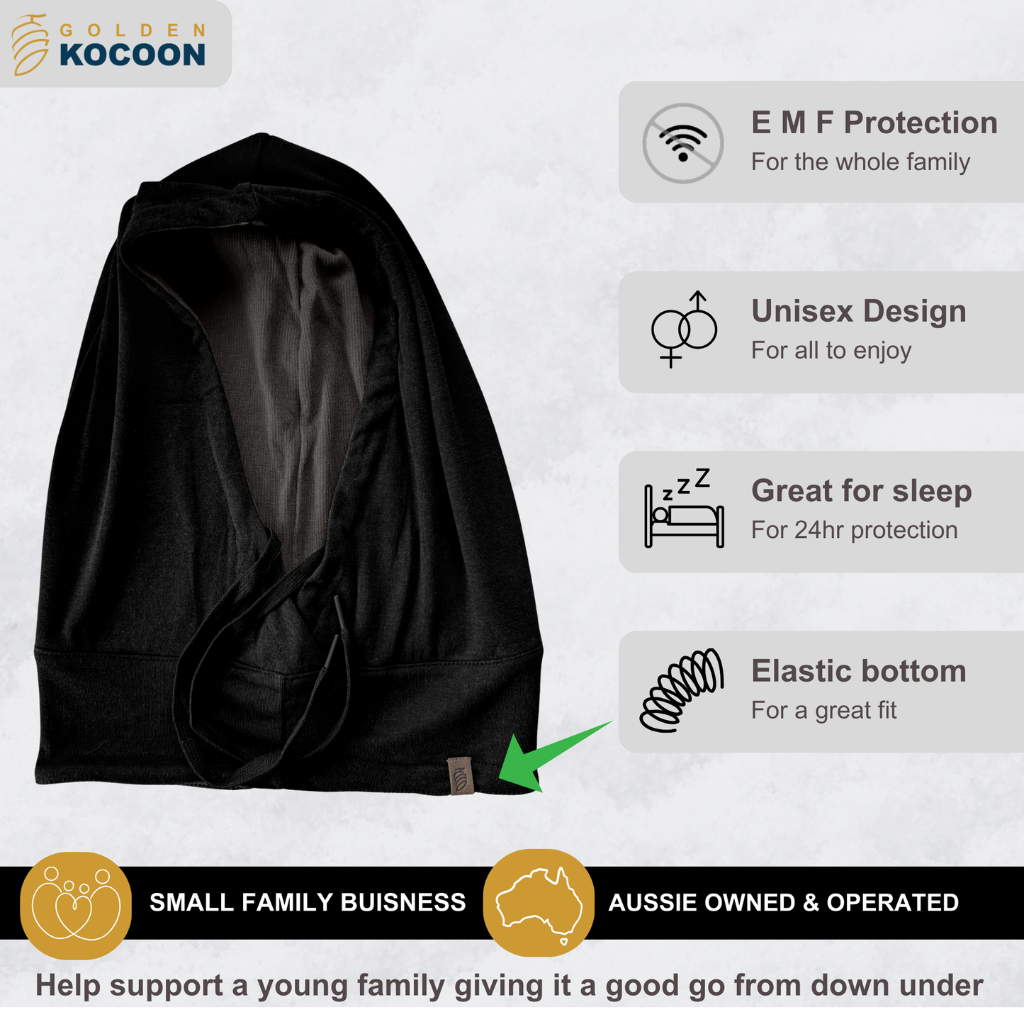 EMF Protection Hood in Black, using a EMF Bamboo Fabric. Use for 5g Protection, Anti Radiation