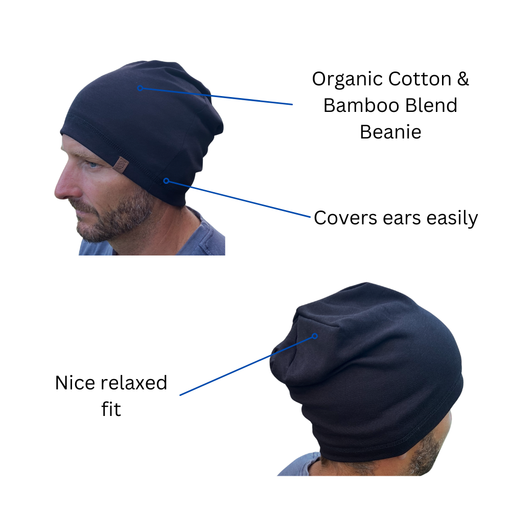 EMF Protection Slouch Beanie, made from Organic Cotton & Bamboo, in Black. Use for 5g Protection, Anti Radiation