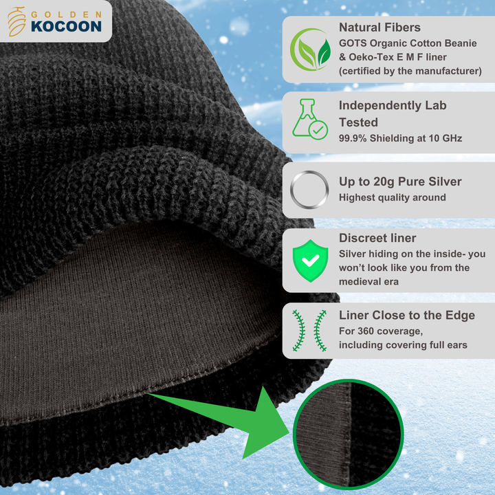 EMF Protection Organic Cotton Beanie - 99.8% Shielding for 5G, Wi-Fi & Bluetooth