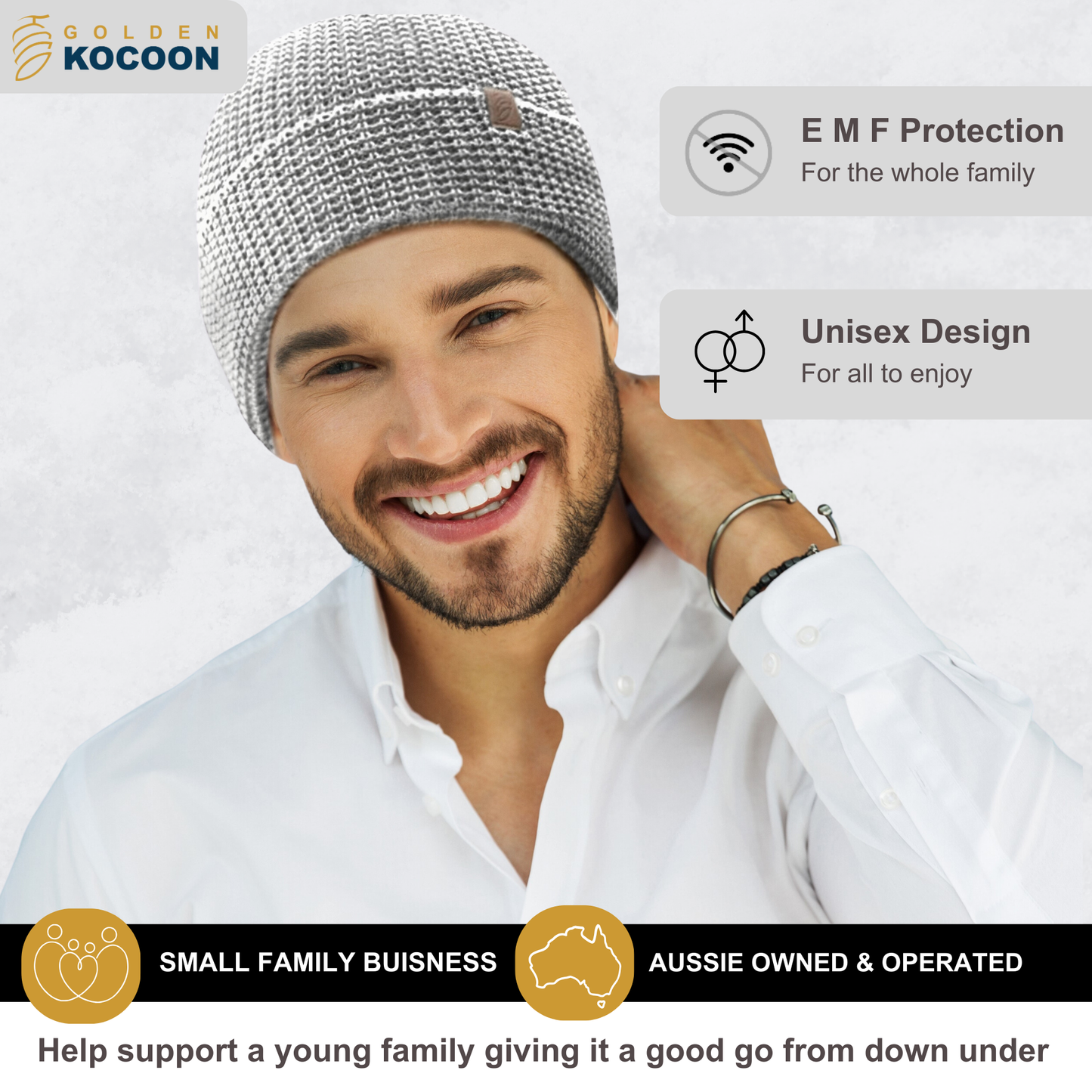 EMF Protection Beanie, made from Organic Cotton, in Grey. Use for 5g Protection, Anti Radiation